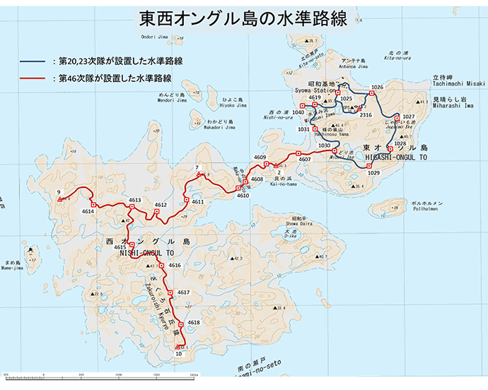 東西オングル島の水準路線図