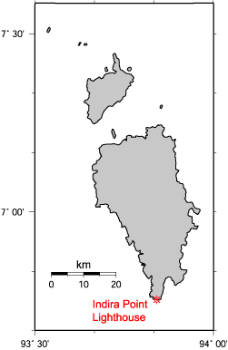 大ニコバル島最南端のIndira Point灯台の位置