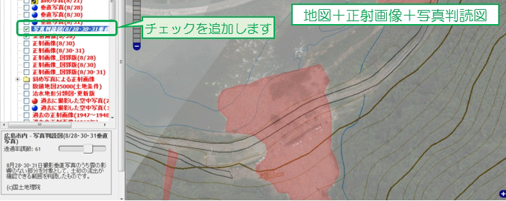 地理院地図＋正射画像＋写真判読図の重ね合わせ