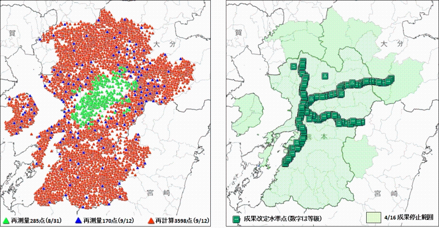 測量成果を改定した三角点と水準点の配置図