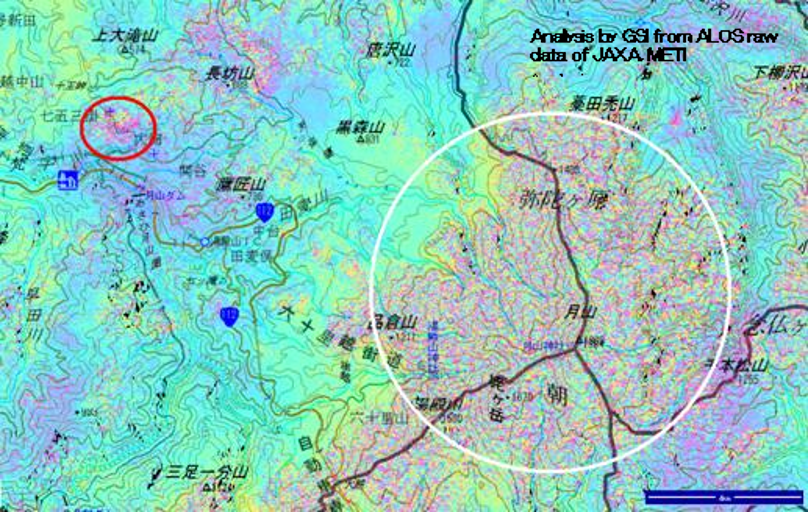 図1 地理院地図上に表示されたSAR干渉画像