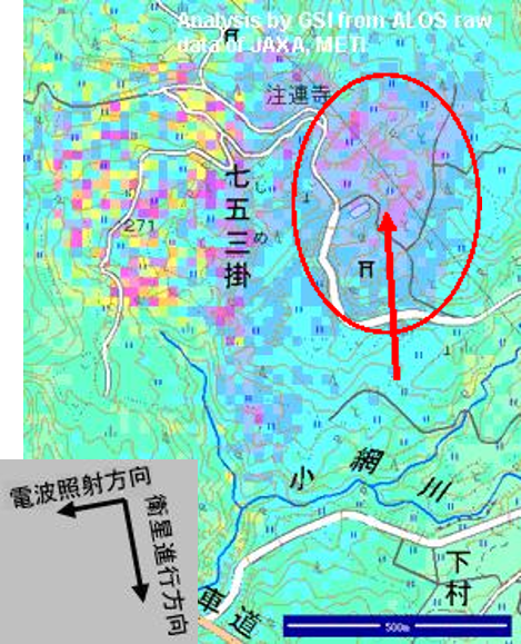 山形県月山地区における七五三掛地すべりに対応したＳＡＲ干渉画像の図