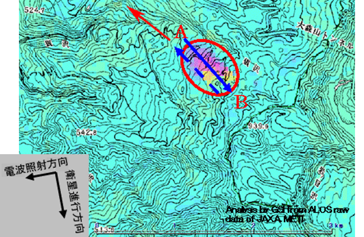 秋田県東成瀬地区における狼沢地すべりに対応したＳＡＲ干渉画像の図（図１の再掲）