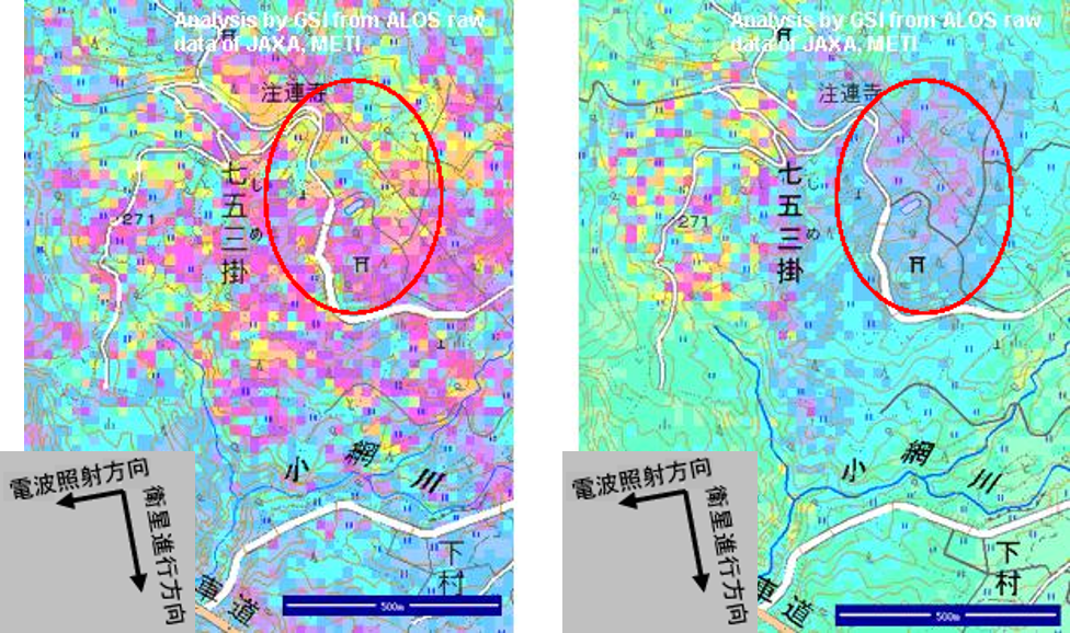 七五三掛地すべりのSAR干渉画像の２図（左：2009年3月20日～５月５日、右：５月５日～８月５日）