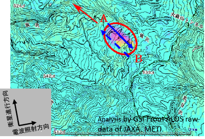 秋田県東成瀬地区における狼沢地すべりに対応したＳＡＲ干渉画像の図（図１、図７の再掲）