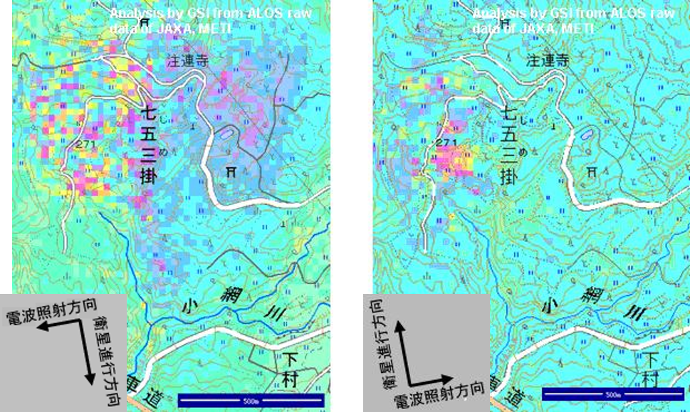 七五三掛地すべりのSAR干渉画像の２図（左：５月５日～８月５日、右：６月14日～７月30日）
