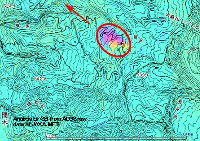 秋田県東成瀬地区における狼沢地すべりに対応したＳＡＲ干渉画像の図
