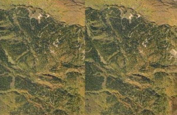 図７　狼沢地すべり周辺の空中写真（左右２図で実体視を行うイメージ）