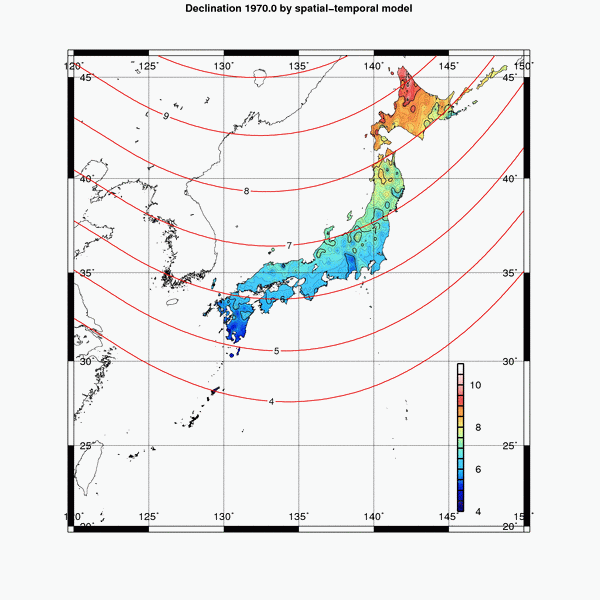 1970年から2015年までの偏角の変化を表しています