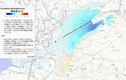 断層帯周辺の標高差分段彩図