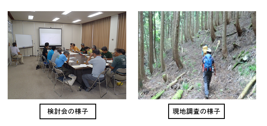 連携登山道調査の様子（検討会及び現地調査）の写真