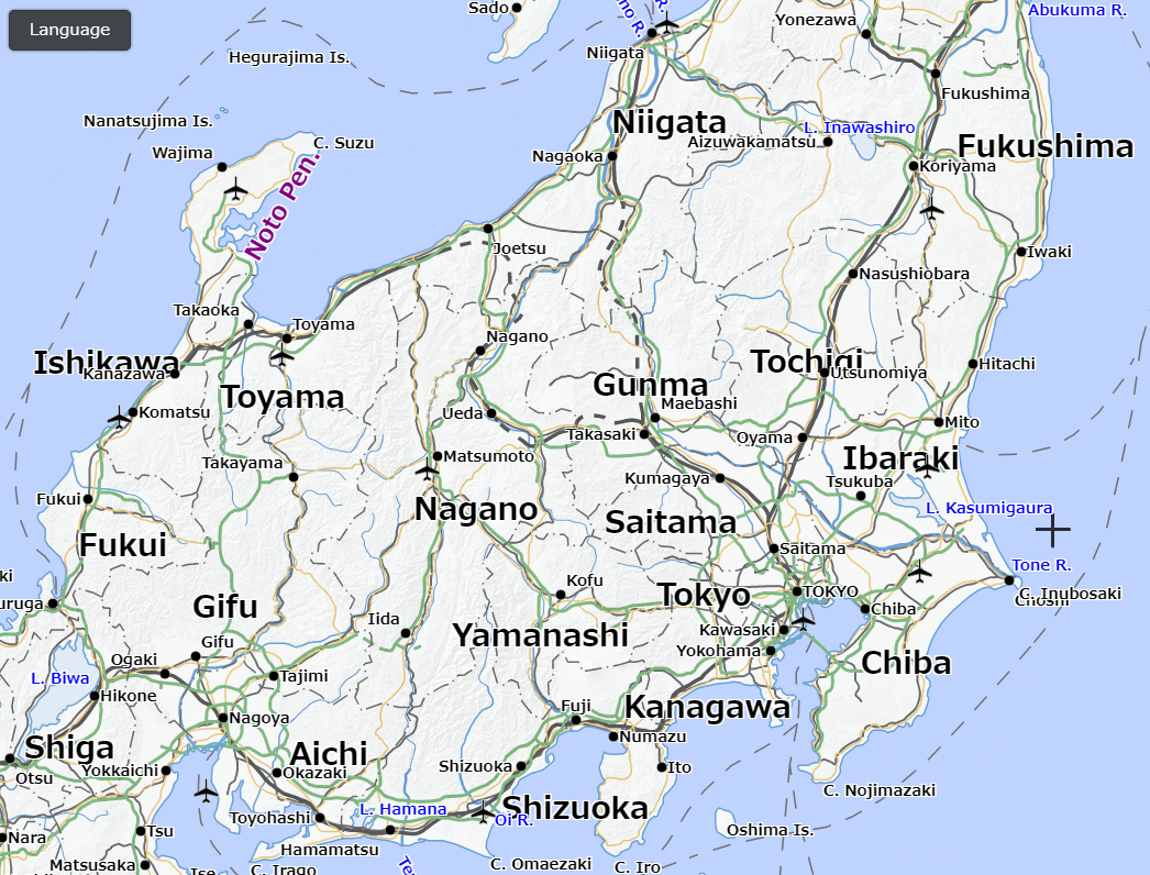 英語表記の地図の表示例