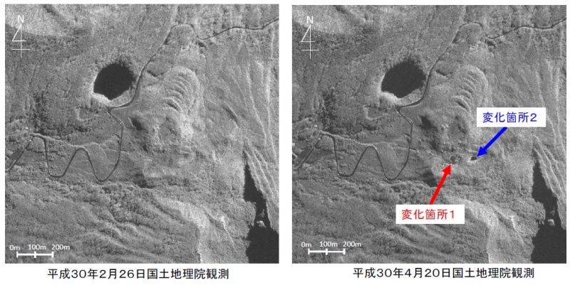硫黄山航空機SAR画像の新旧比較（北東側からの画像）