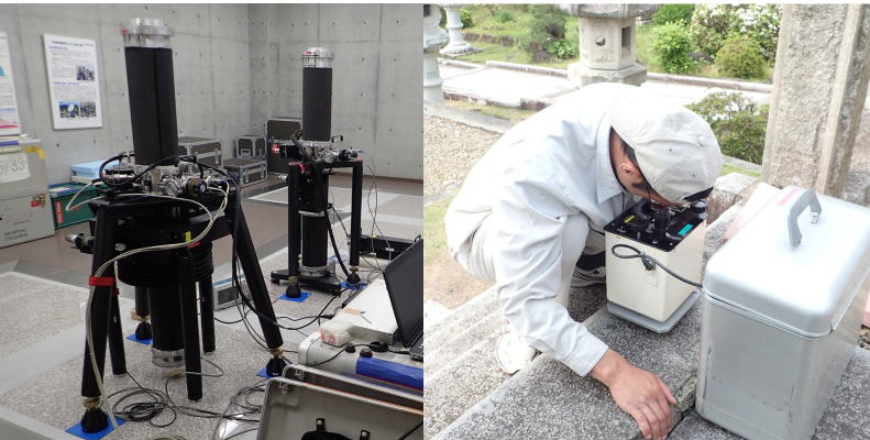 左の写真は絶対重力測定の様子を、右の写真は相対重力測定の様子を表しています。