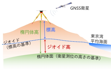 標高とジオイド高と楕円体高の関係を表した図です。楕円体面からジオイドまでの高さがジオイド高。ジオイドから地表面までの高さが標高。楕円体面から地表面までの高さが楕円体高。標高＝楕円体高－ジオイド高という関係にあります。