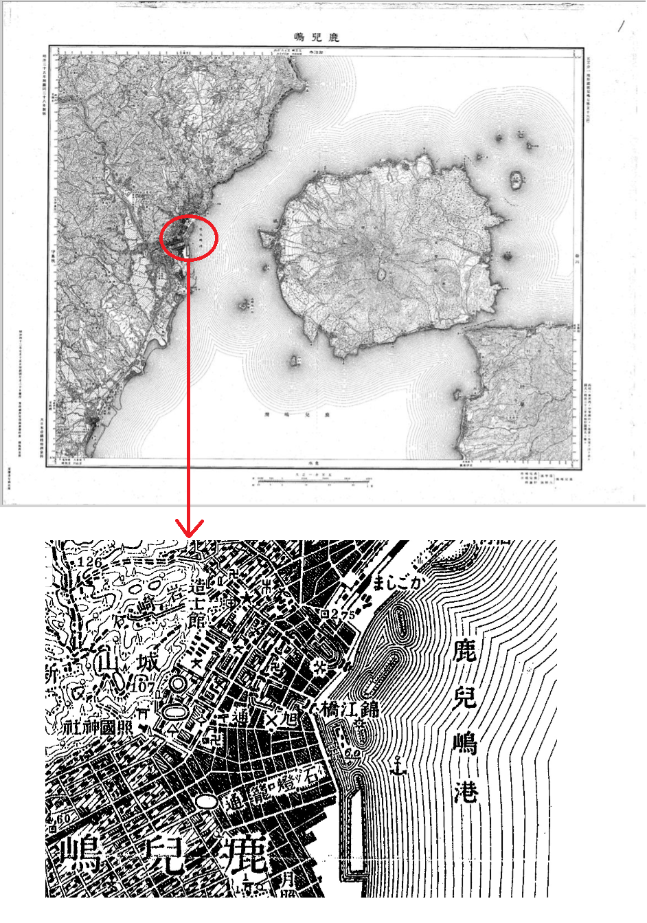 鹿児島の地形図とその拡大表示