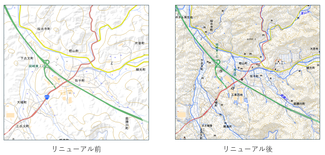 ズームレベル14の地理院タイルリニューアル前後の比較画像