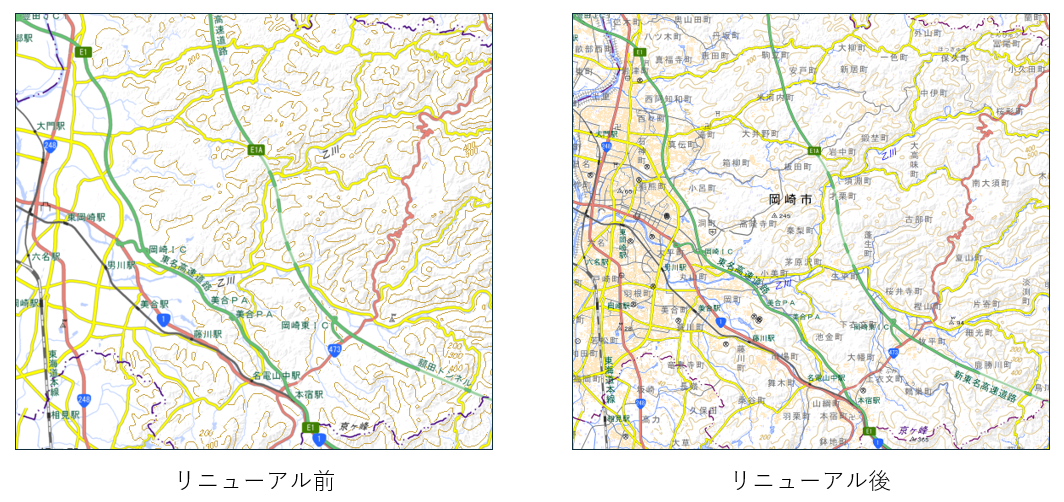 ズームレベル13の地理院タイルリニューアル前後の比較画像
